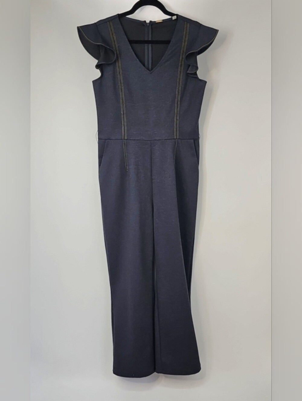 Tahari Jumpsuit Faux Denim V-Neck with Ruffle Sleeves & Front Pockets